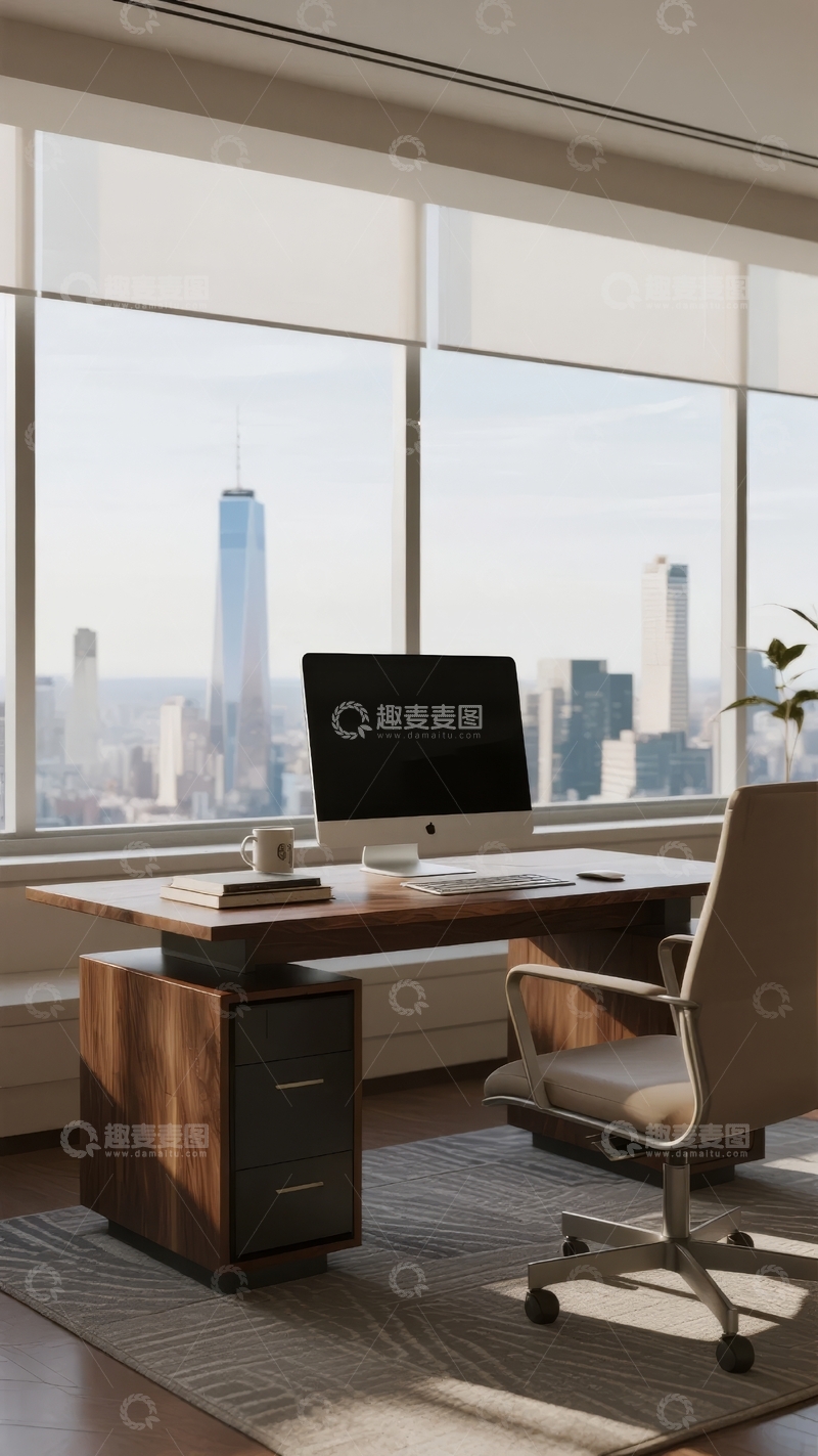 高清大图下载【趣麦麦图】现代办公室内景配备电脑和城市天际线景观
