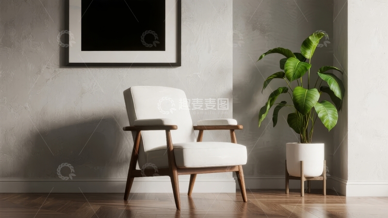 高清大图下载【趣麦麦图】现代简约风格室内一角摆放着白色扶手椅和绿植