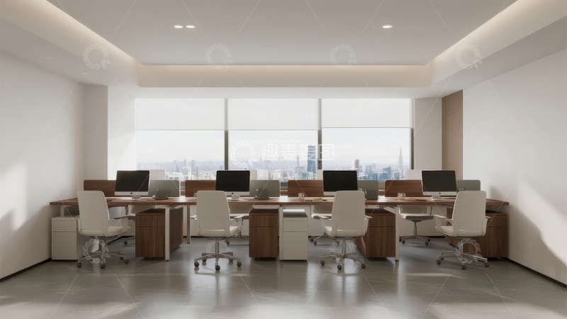 高清大图下载【趣麦麦图】现代办公室内景配备多台电脑和宽敞窗户