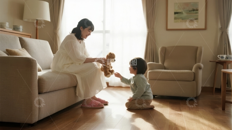 高清大图下载【趣麦麦图】母亲与孩子在温馨客厅互动玩耍