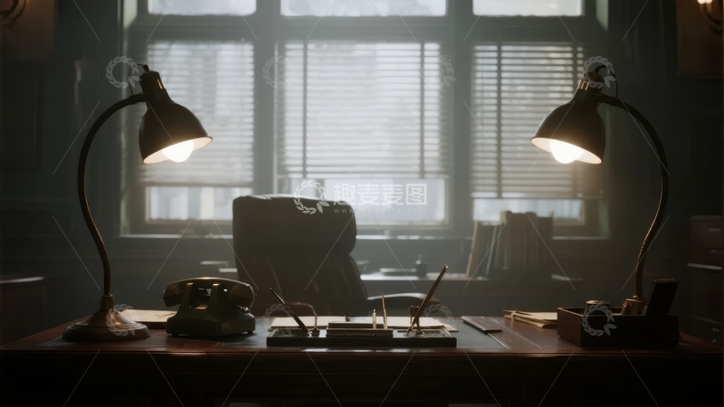 高清大图下载【趣麦麦图】昏暗办公室内复古风格书桌与台灯