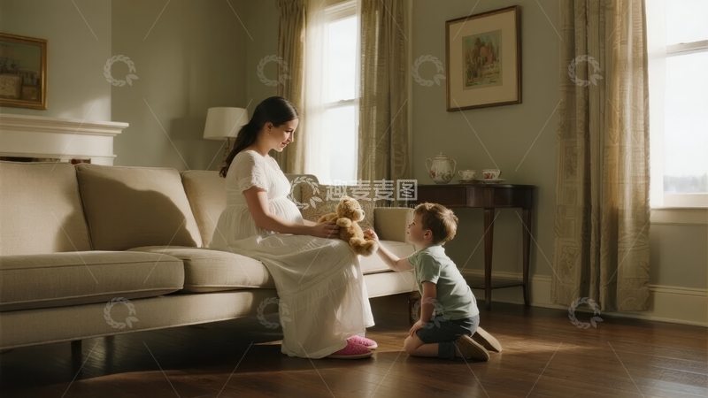 高清大图下载【趣麦麦图】孕妇与幼儿在温馨客厅互动