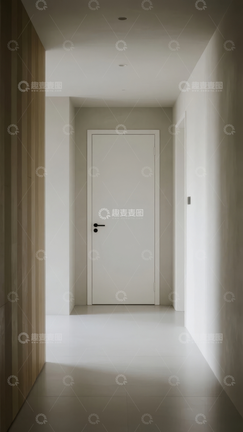高清大图下载【趣麦麦图】现代简约风格的室内走廊尽头有一扇白色门