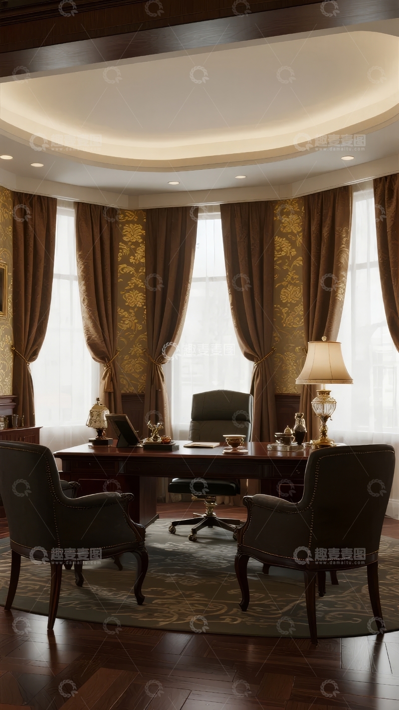 高清大图下载【趣麦麦图】豪华办公室内景配有大窗户和精致家具