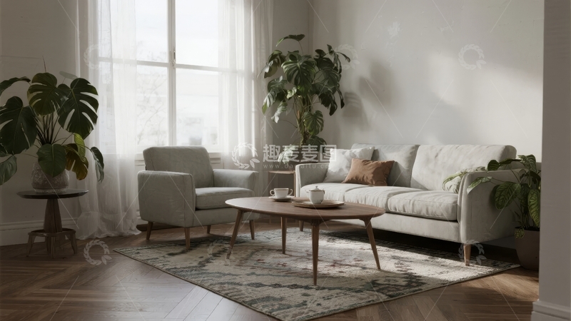 高清大图下载【趣麦麦图】明亮客厅内摆放着沙发和绿植