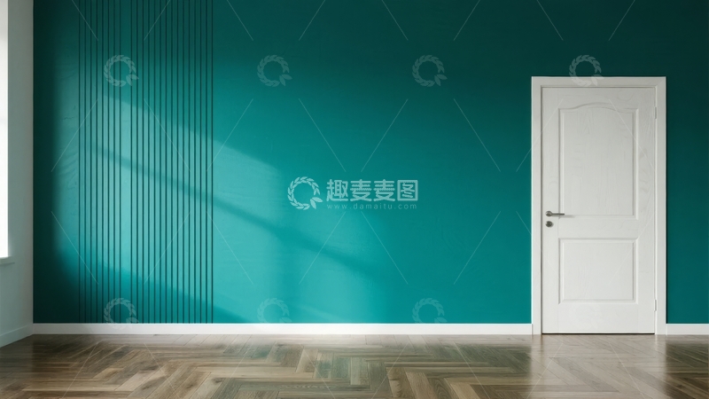高清大图下载【趣麦麦图】蓝色墙面与白色门的简约室内空间