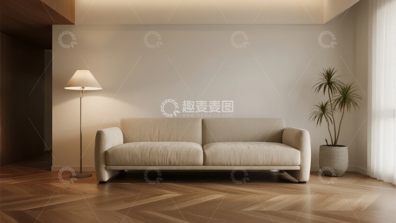 高清大图下载【趣麦麦图】简约现代客厅沙发搭配落地灯与绿植