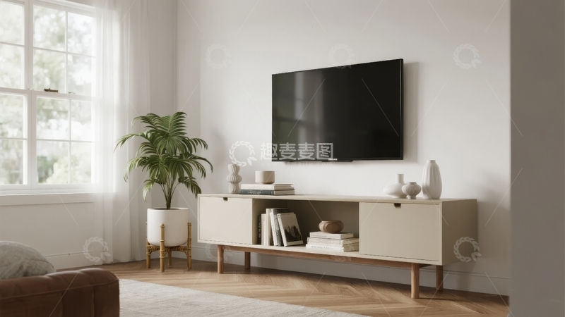 高清大图下载【趣麦麦图】现代简约客厅电视柜与绿植装饰