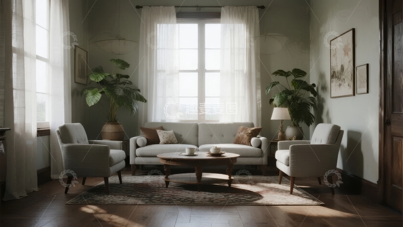 高清大图下载【趣麦麦图】明亮客厅内摆放着沙发茶几和绿植
