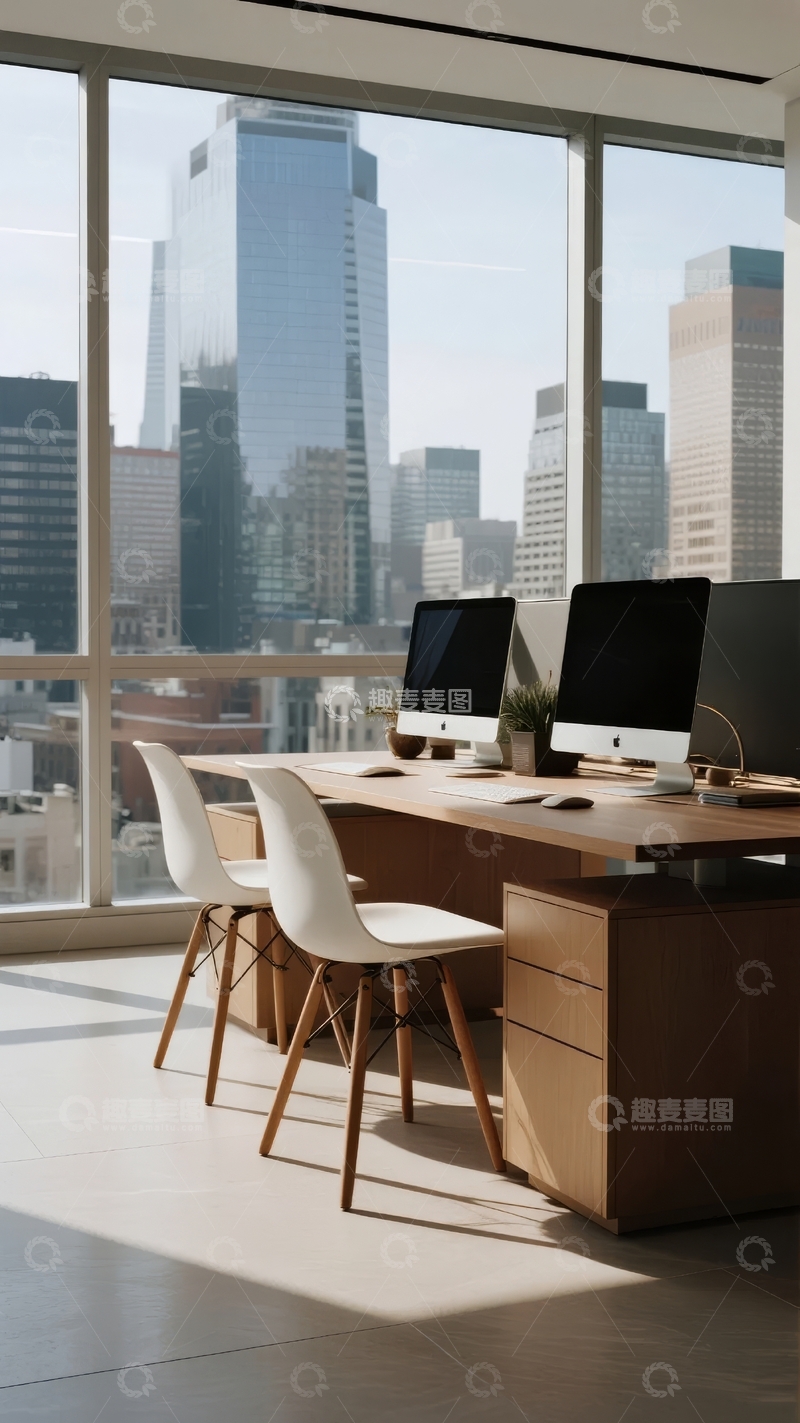 高清大图下载【趣麦麦图】现代办公室内景透过大窗户可见城市高楼景观