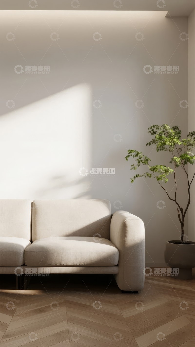 高清大图下载【趣麦麦图】简约室内空间阳光洒在沙发与绿植旁的墙面