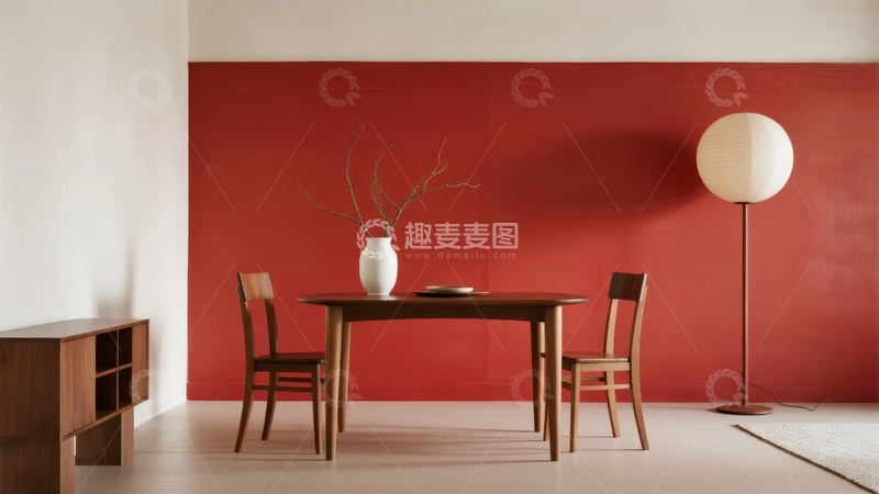 高清大图下载【趣麦麦图】红色墙面的简约现代餐厅角落
