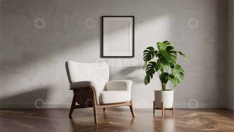 高清大图下载【趣麦麦图】简约室内角落摆放着白色扶手椅和绿植