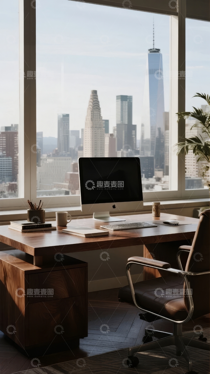 高清大图下载【趣麦麦图】现代办公室窗边工作台俯瞰城市天际线