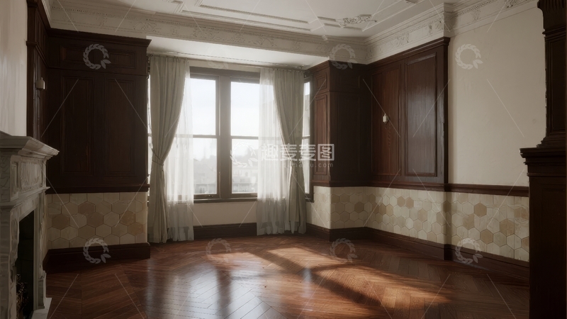 高清大图下载【趣麦麦图】古典风格室内空间阳光透过窗户洒在木地板上