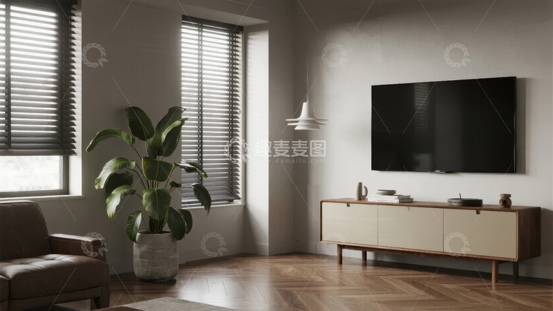 高清大图下载【趣麦麦图】现代简约风格客厅内景配有电视柜和绿植