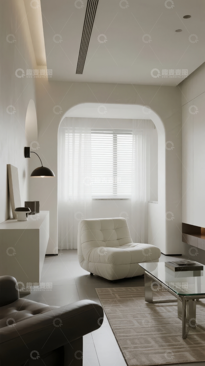 高清大图下载【趣麦麦图】现代简约风格客厅设计白色拱形窗户与舒适座椅