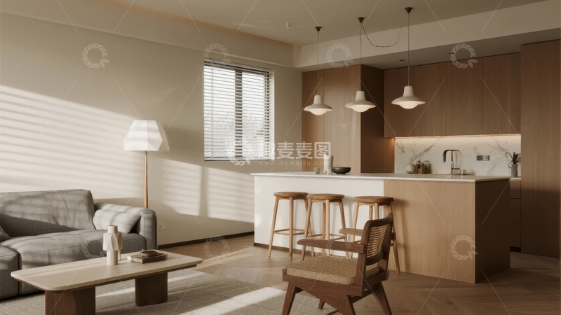 高清大图下载【趣麦麦图】现代简约风格客厅与厨房开放式设计