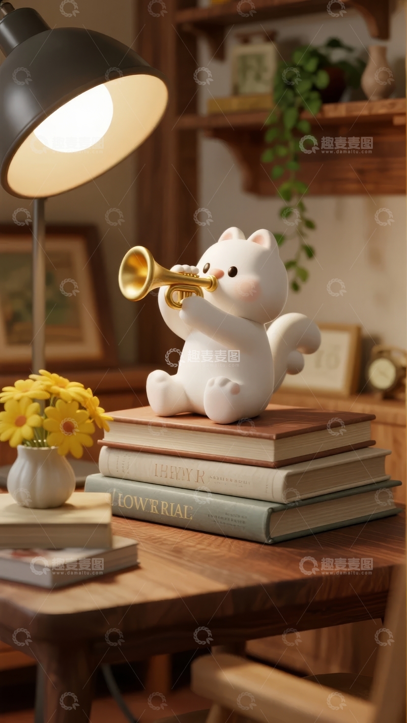 高清大图下载【趣麦麦图】白色猫咪吹喇叭摆件置于书堆与花瓶旁