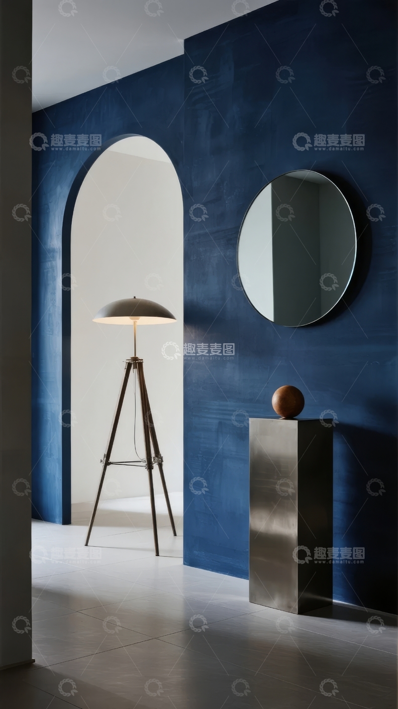 高清大图下载【趣麦麦图】蓝色墙面拱门旁的现代简约室内装饰场景
