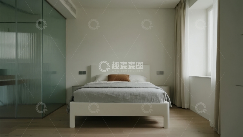 高清大图下载【趣麦麦图】现代简约风格卧室床铺整洁窗边光线充足