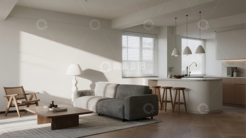 高清大图下载【趣麦麦图】现代简约风格客厅与厨房开放式设计