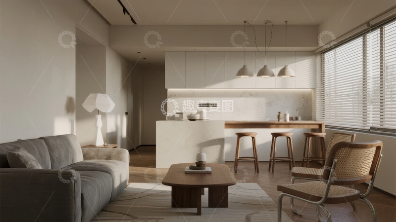 高清大图下载【趣麦麦图】现代简约风格客厅与厨房开放式设计