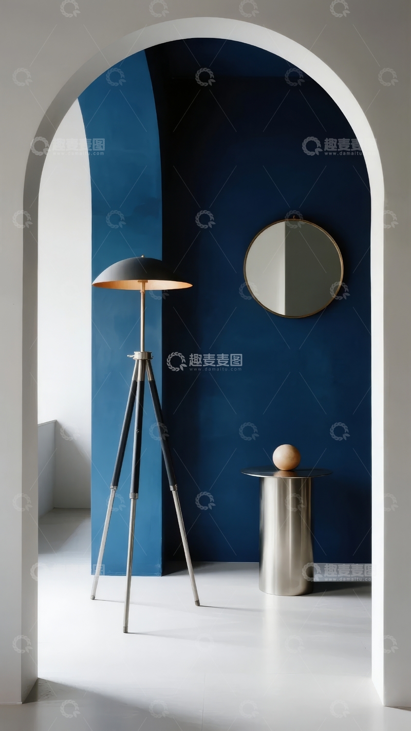 高清大图下载【趣麦麦图】拱形门廊下的蓝色墙面与简约现代灯具装饰