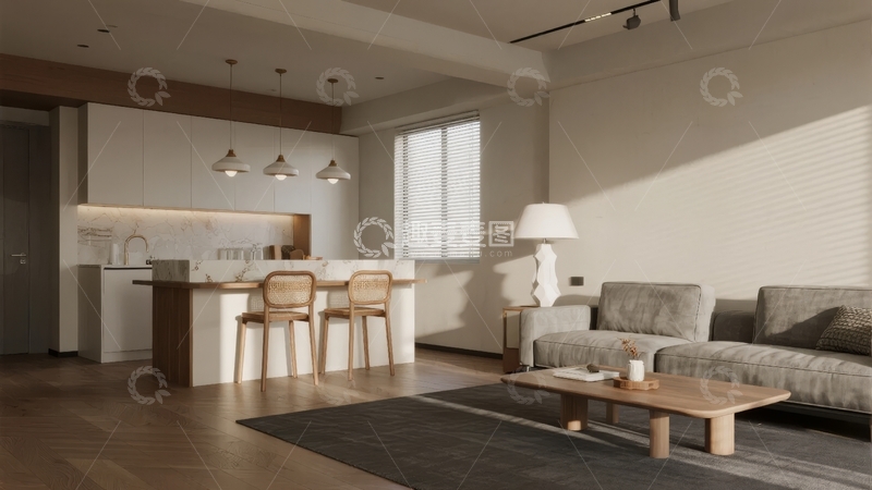 高清大图下载【趣麦麦图】现代简约风格客厅与开放式厨房空间