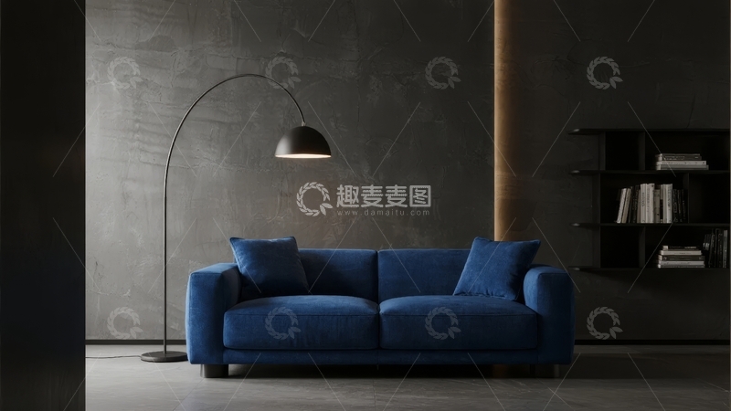 高清大图下载【趣麦麦图】-深蓝色沙发置于简约现代风格的室内空间
