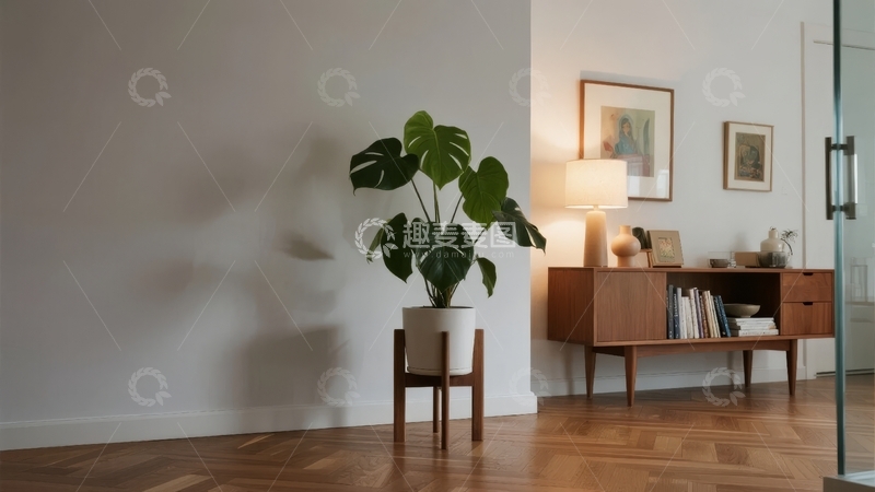 高清大图下载【趣麦麦图】现代简约风格客厅一角摆放绿植与木质家具