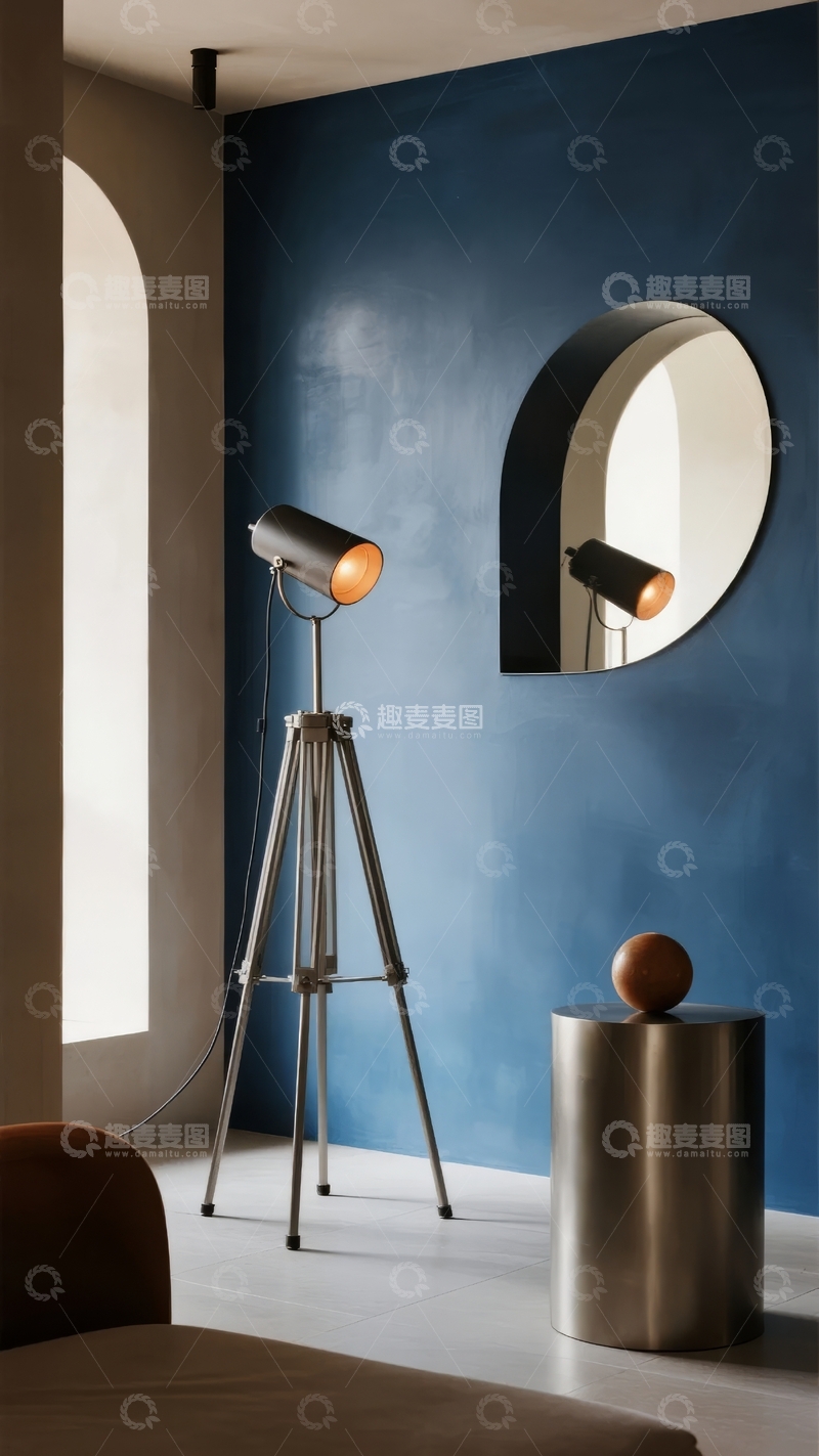 高清大图下载【趣麦麦图】蓝色墙面现代室内设计搭配落地灯与圆形镜子