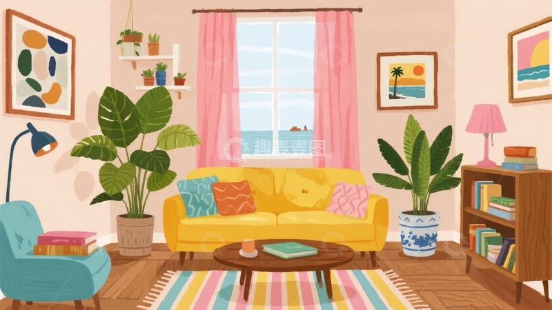 高清大图下载【趣麦麦图】温馨客厅场景包含沙发植物和装饰画