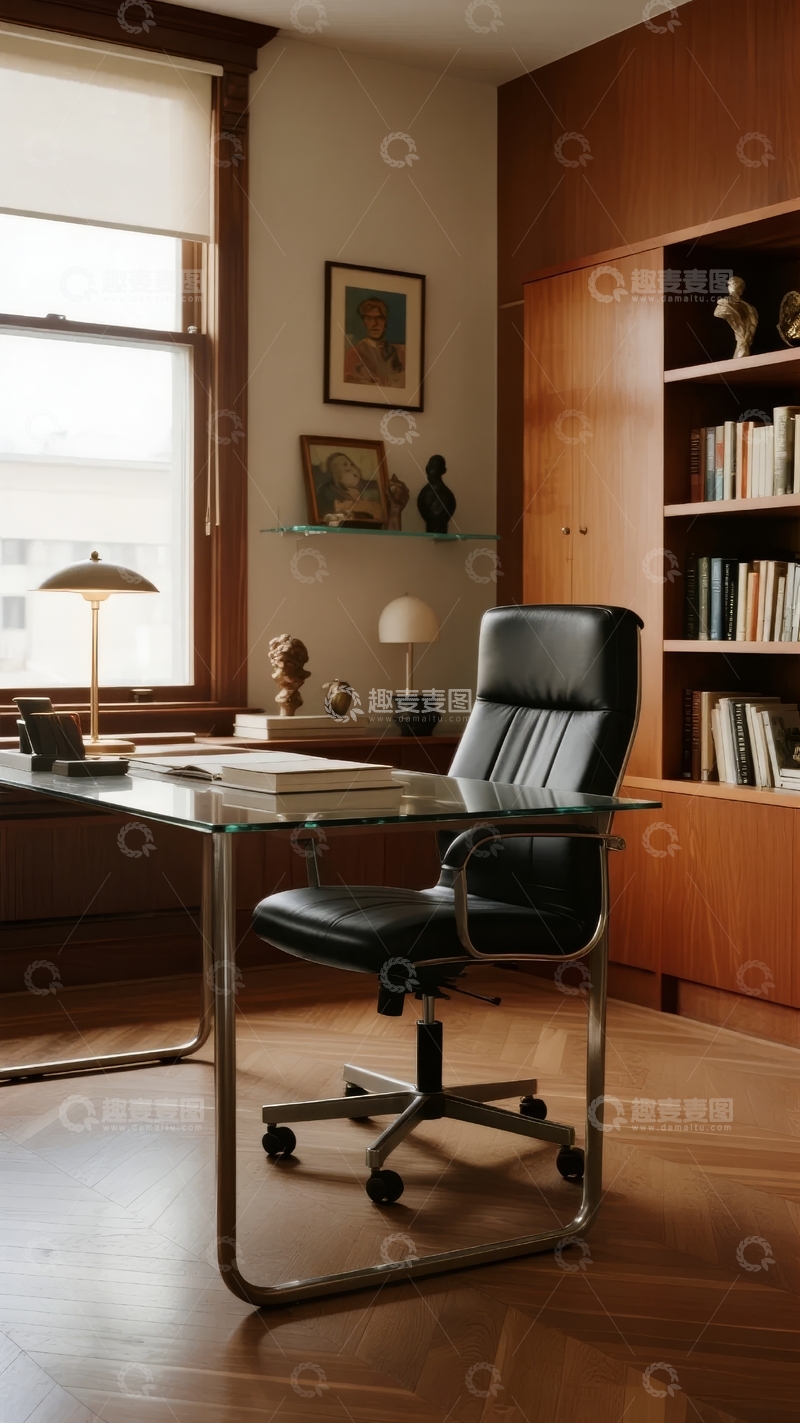 高清大图下载【趣麦麦图】现代简约风格办公室内景配有玻璃桌和黑色皮椅