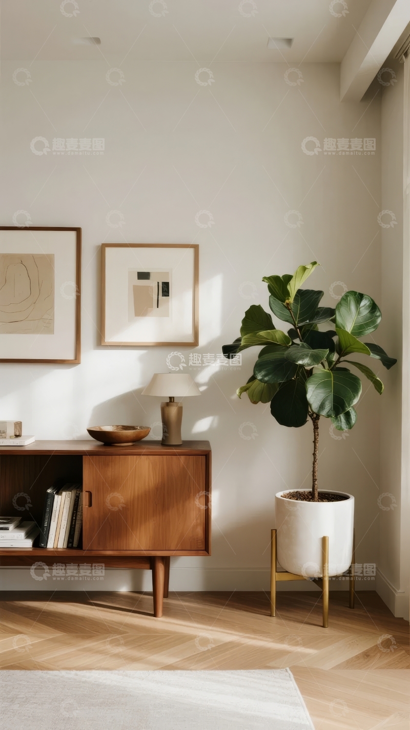 高清大图下载【趣麦麦图】现代简约风格客厅一角摆放着绿植和装饰品