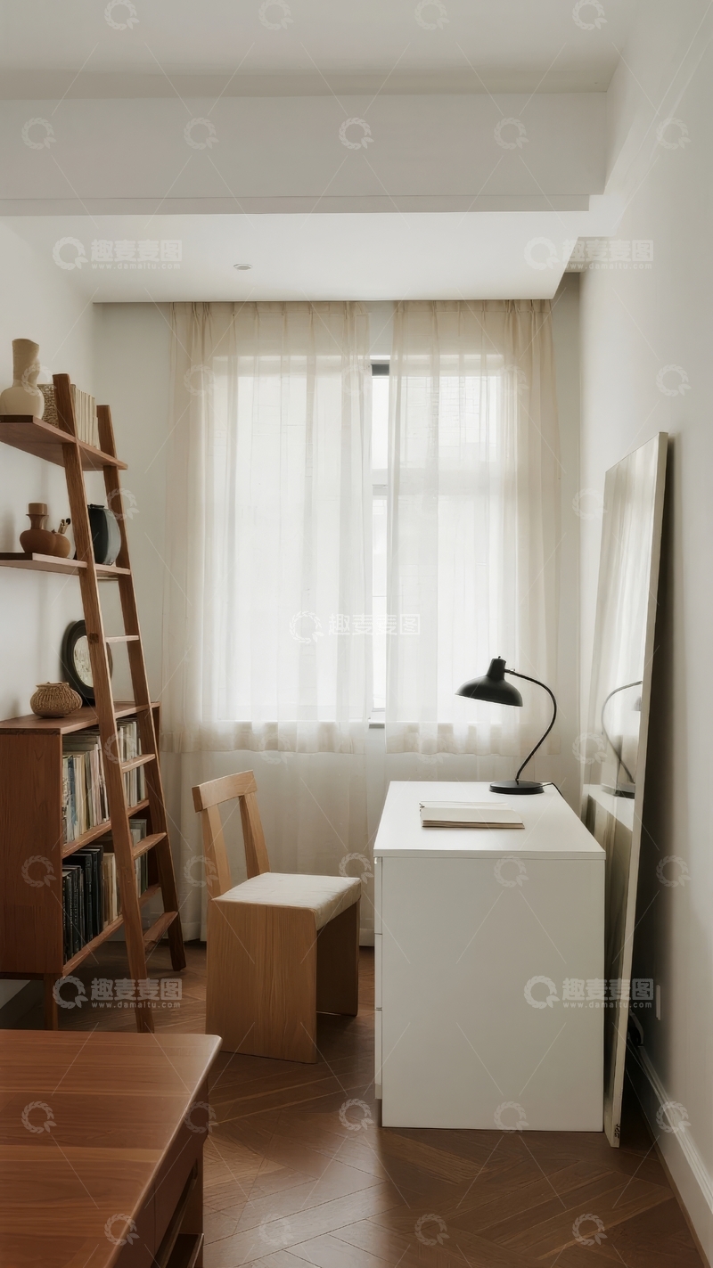 高清大图下载【趣麦麦图】现代简约风格书房内景窗边书桌与置物架