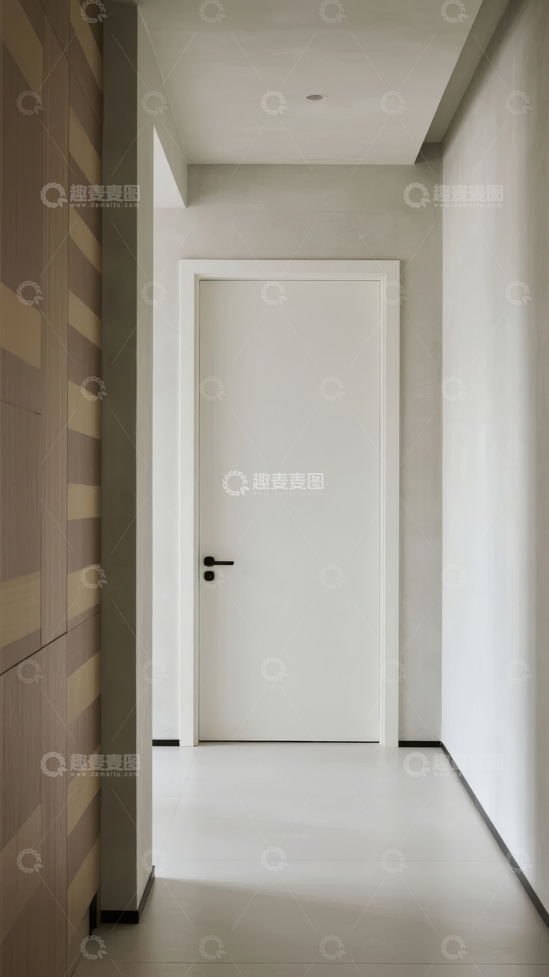 高清大图下载【趣麦麦图】现代简约风格的室内走廊尽头有一扇白色门
