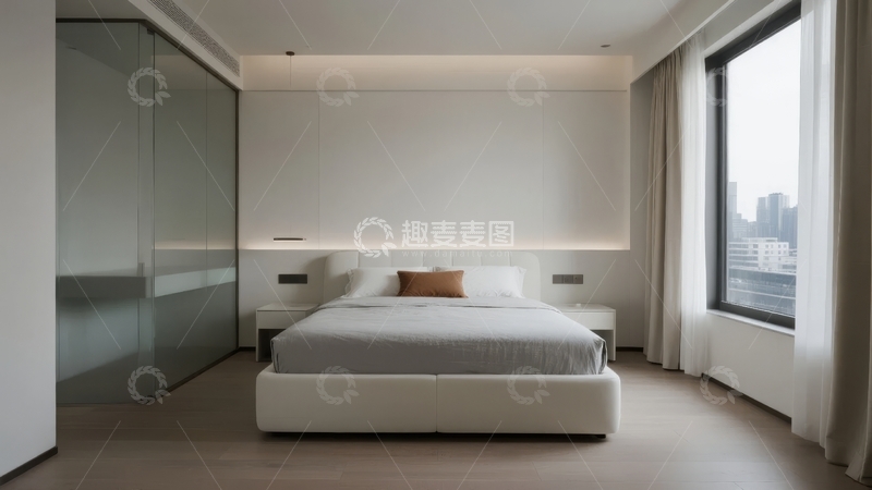 高清大图下载【趣麦麦图】现代简约风格卧室设计配有大窗户和内置照明