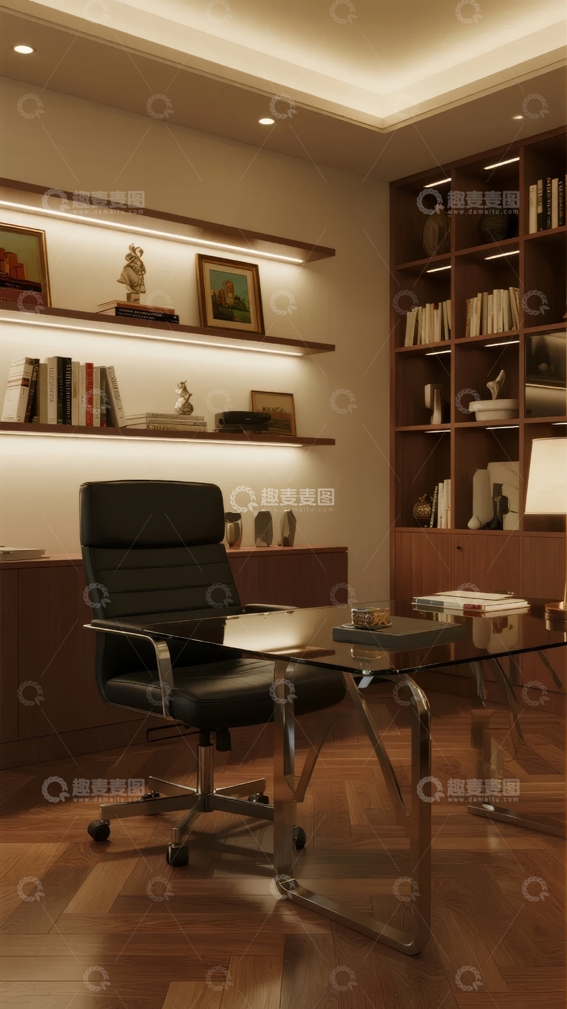 高清大图下载【趣麦麦图】现代办公室内景配备书架办公桌和舒适座椅