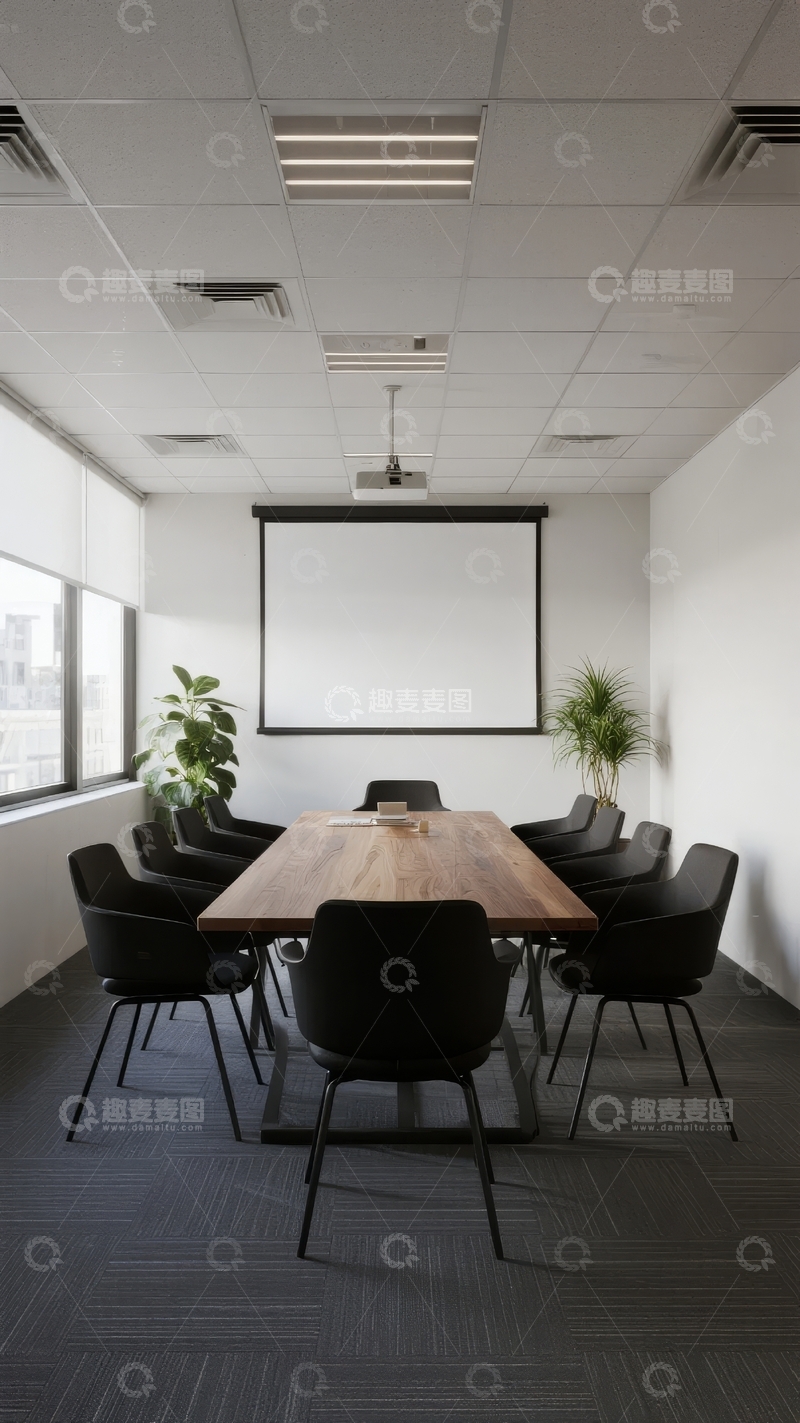 现代简约风格的会议室配备长桌和投影幕布