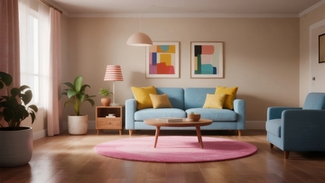 现代客厅布置温馨舒适配有蓝色沙发和粉色地毯