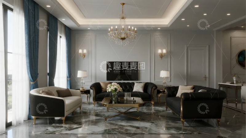 高清大图下载【趣麦麦图】豪华客厅设计现代典雅家具与大理石地板