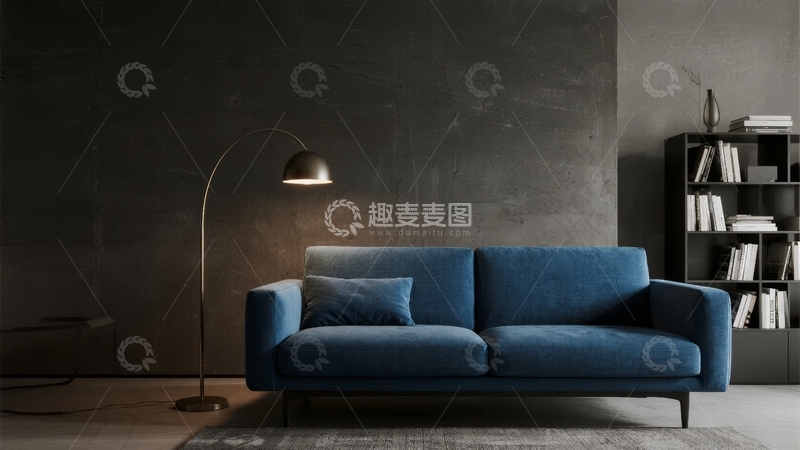 高清大图下载【趣麦麦图】现代简约风格客厅中的蓝色沙发与落地灯