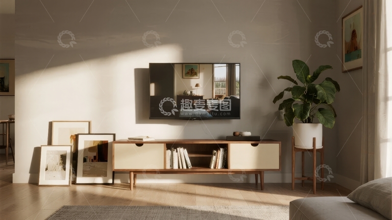 高清大图下载【趣麦麦图】现代客厅中悬挂的电视与简约家具陈设
