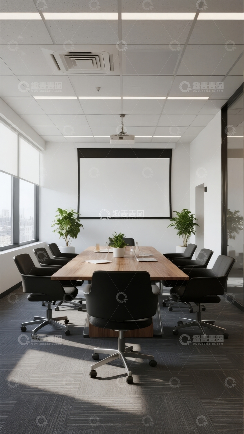 高清大图下载【趣麦麦图】现代会议室配备长桌投影幕和绿植
