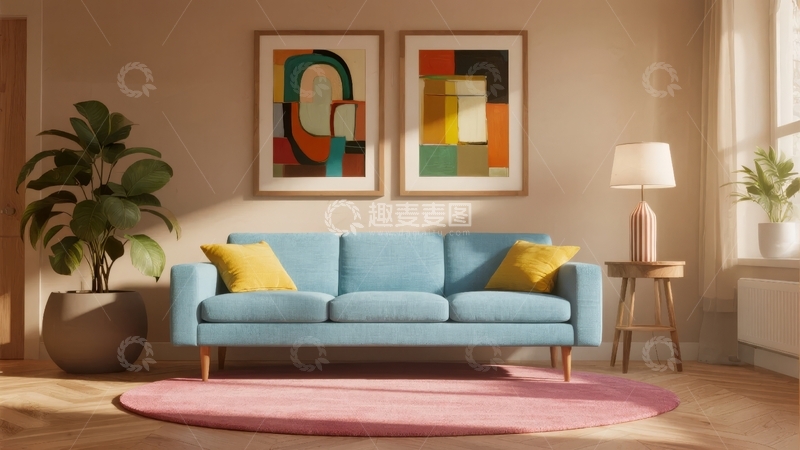 高清大图下载【趣麦麦图】现代客厅蓝色沙发配黄色靠垫和艺术画