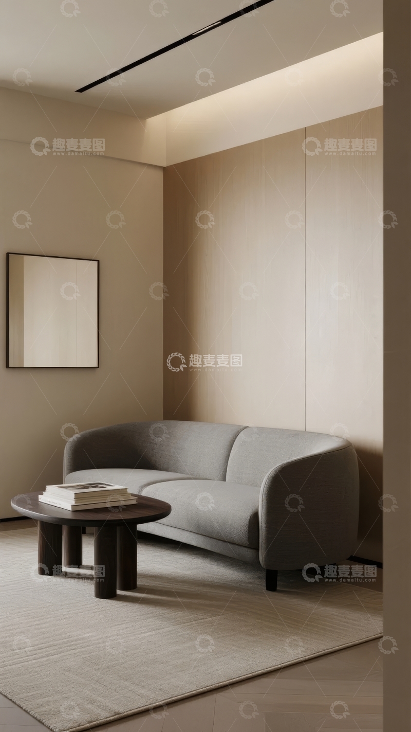 高清大图下载【趣麦麦图】简约现代风格客厅角落配有灰色沙发和装饰画