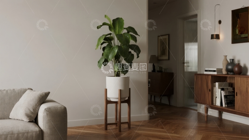 高清大图下载【趣麦麦图】现代简约风格客厅摆放绿植与木质家具