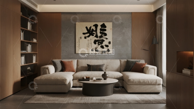 高清大图下载【趣麦麦图】现代简约风格客厅布置配有沙发茶几和书法装饰画