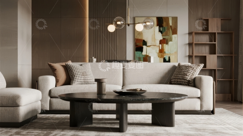 高清大图下载【趣麦麦图】现代简约风格客厅布置包含沙发茶几和艺术画